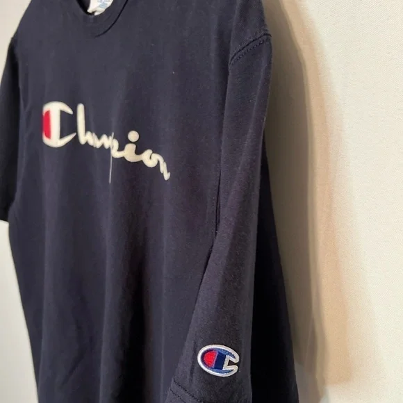 Champion Mens Classic Jersey Script Logo T-Shirt Navy Blue Large. - Picture 3 of 6